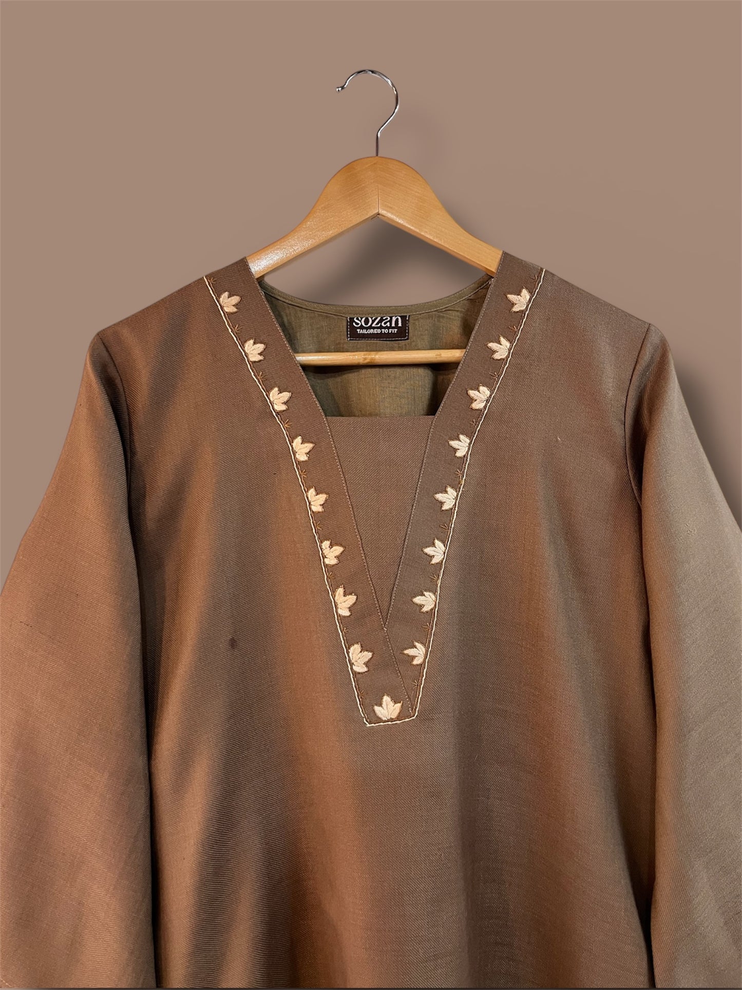 Brown Hand Embroidered Winter Kurti