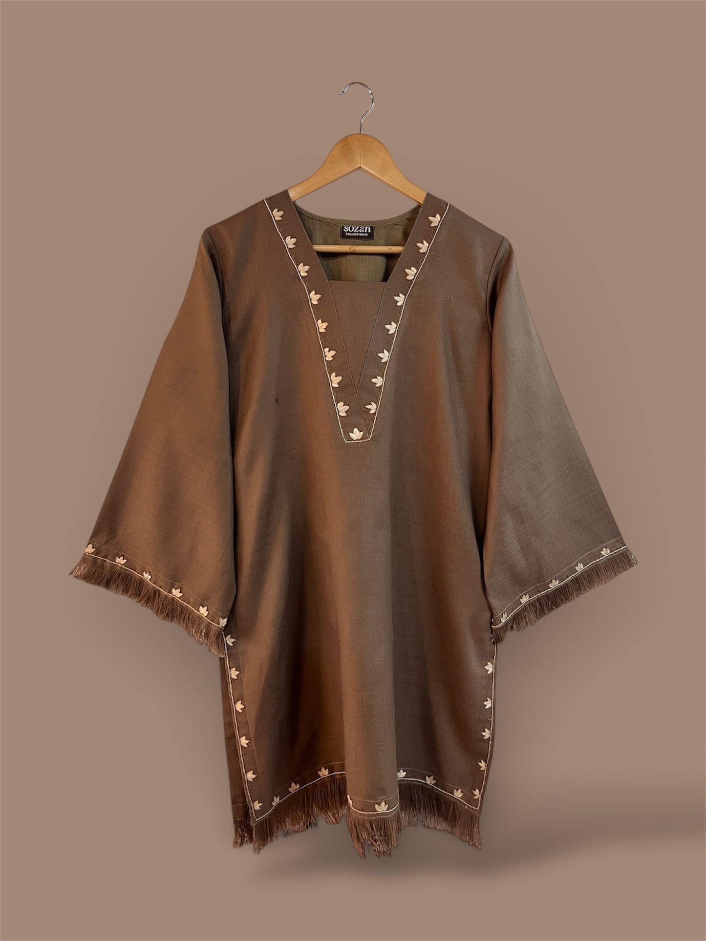 Brown Hand Embroidered Winter Kurti