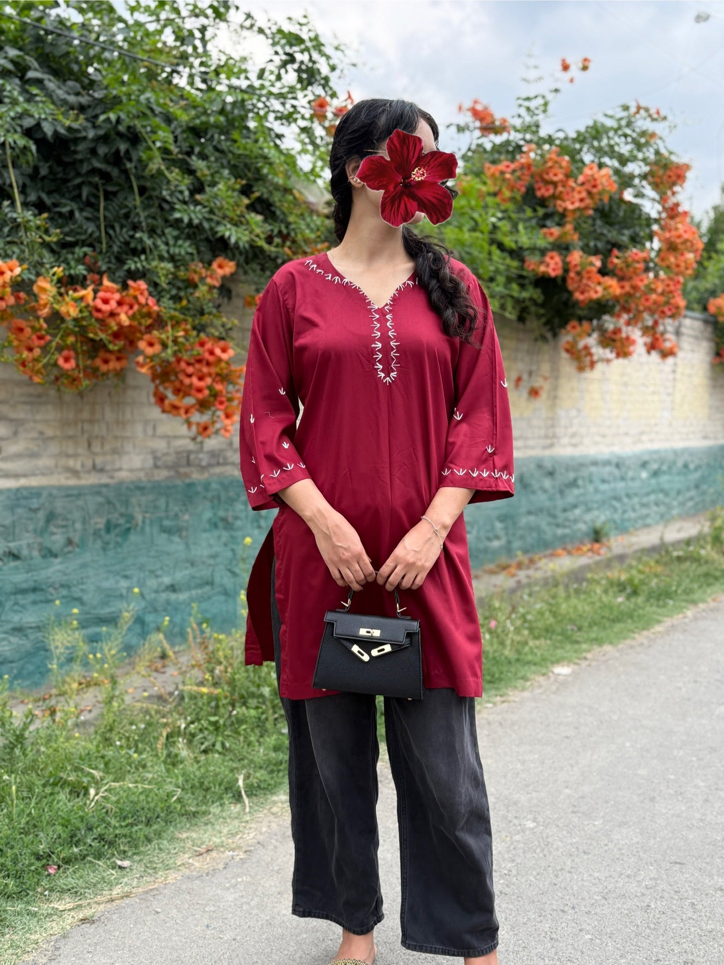 Hand Embroidered Red Kurti