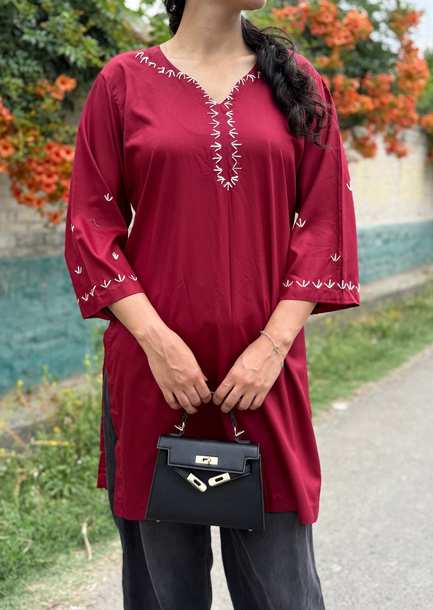 Hand Embroidered Red Kurti