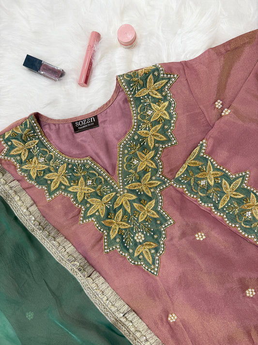 Dusty Rose & Emerald Green Dabka Suit
