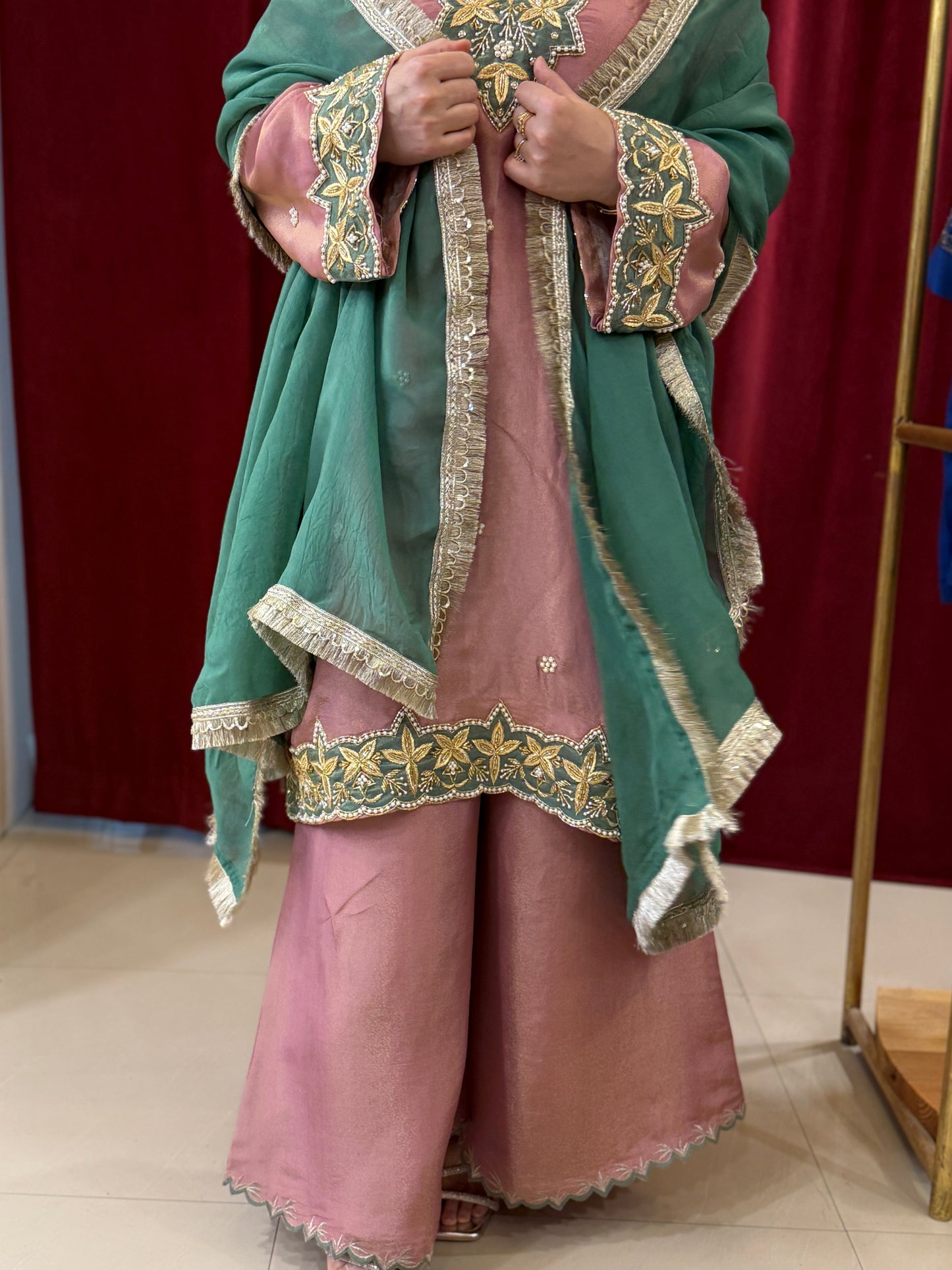 Dusty Rose & Emerald Green Dabka Suit