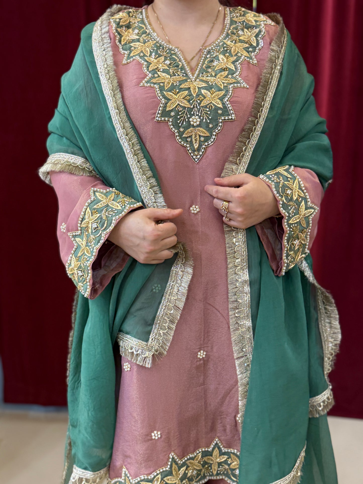 Dusty Rose & Emerald Green Dabka Suit