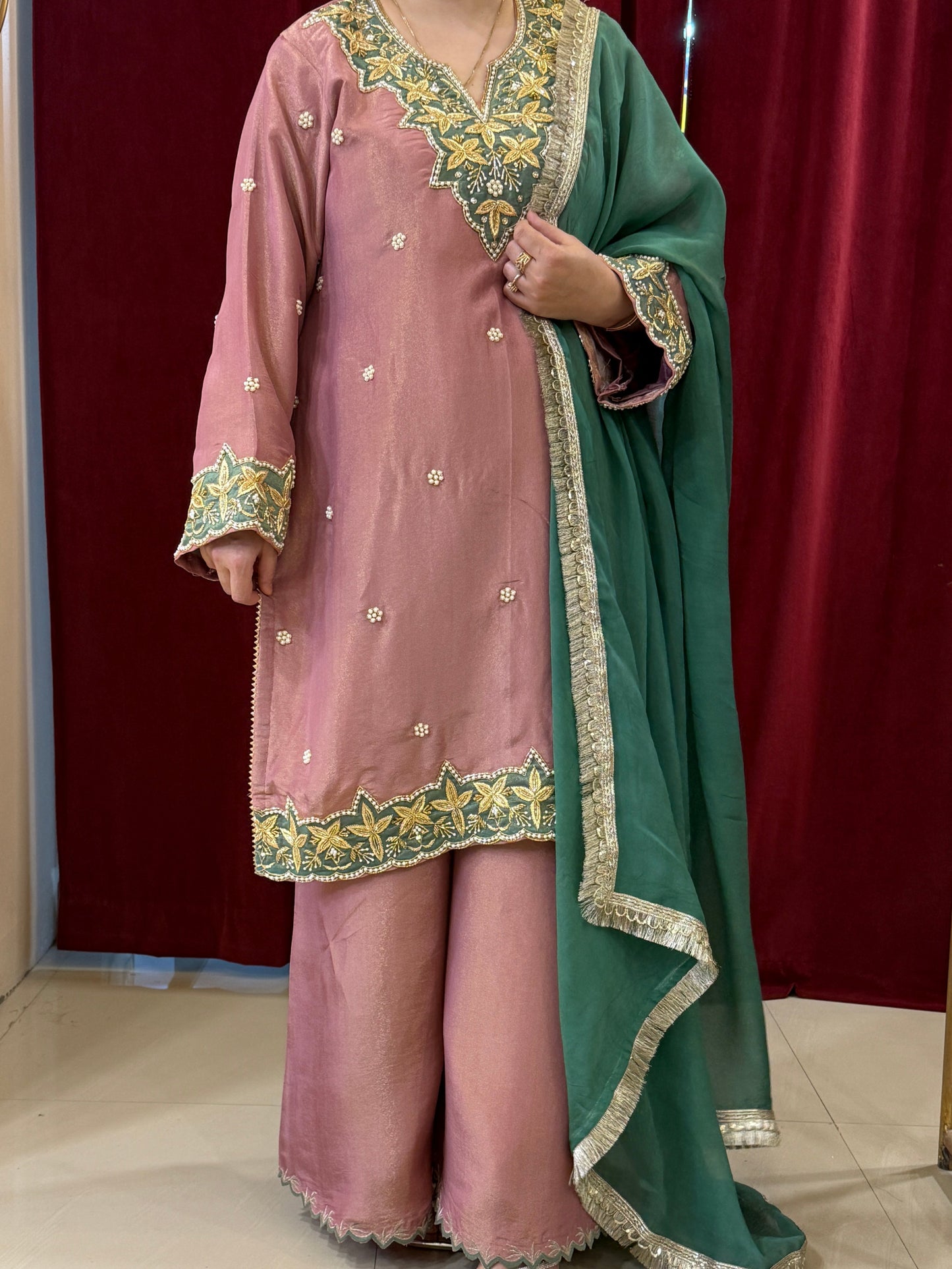 Dusty Rose & Emerald Green Dabka Suit